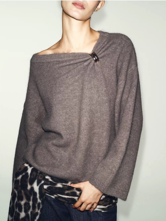 Zara Sweaters - Zara NWT wool blend Taupe gold detail ruched off shoulder chunky Knit Sweater